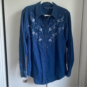 Vtg Denim Button Down Shirt Embroidered Details S Western Coastal Cowgirl